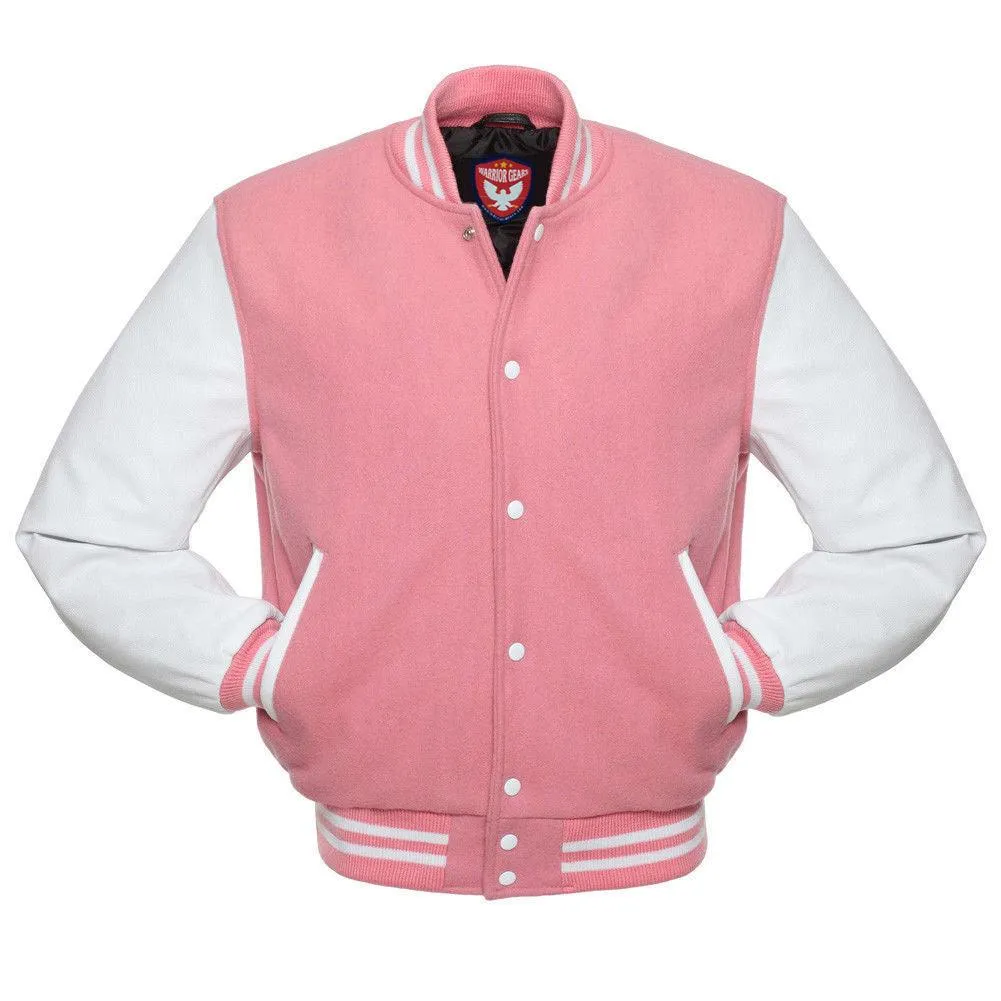 Warrior Gears Classic Hybrid Varsity Jacket for Kids, Toddler Letterman Bomber Jacket for Boys, Unisex Varsity Jacket Girls, Baby Pink Pure Wool Body & White Cowhide Leather Sleeves