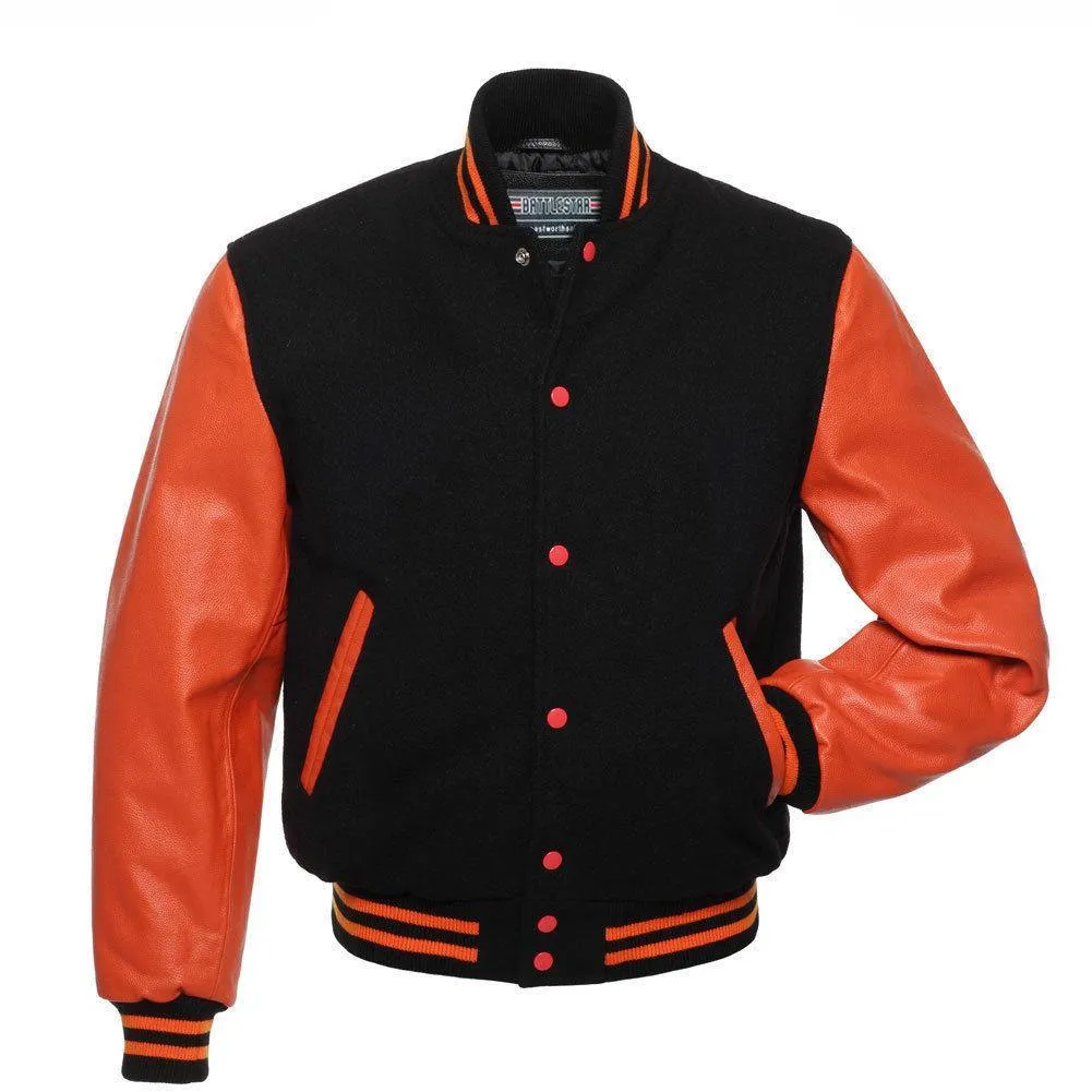 Warrior Gears Classic Hybrid Varsity Jacket for Kids, Toddler Letterman Bomber Jacket for Boys, Unisex Varsity Jacket Girls, Black Pure Wool Body & Orange Cowhide Leather Sleeves