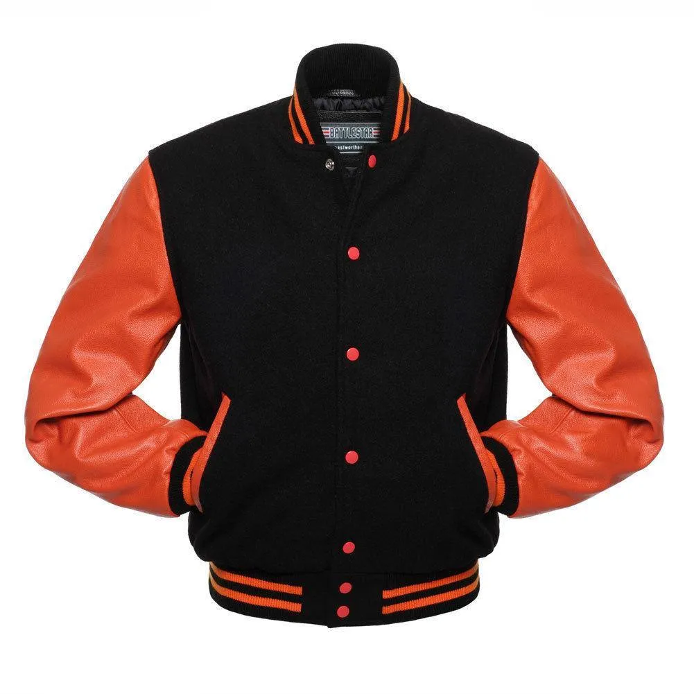 Warrior Gears Classic Hybrid Varsity Jacket for Kids, Toddler Letterman Bomber Jacket for Boys, Unisex Varsity Jacket Girls, Black Pure Wool Body & Orange Cowhide Leather Sleeves