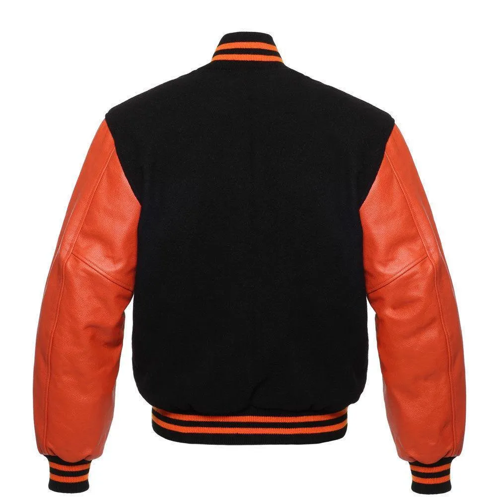 Warrior Gears Classic Hybrid Varsity Jacket for Kids, Toddler Letterman Bomber Jacket for Boys, Unisex Varsity Jacket Girls, Black Pure Wool Body & Orange Cowhide Leather Sleeves