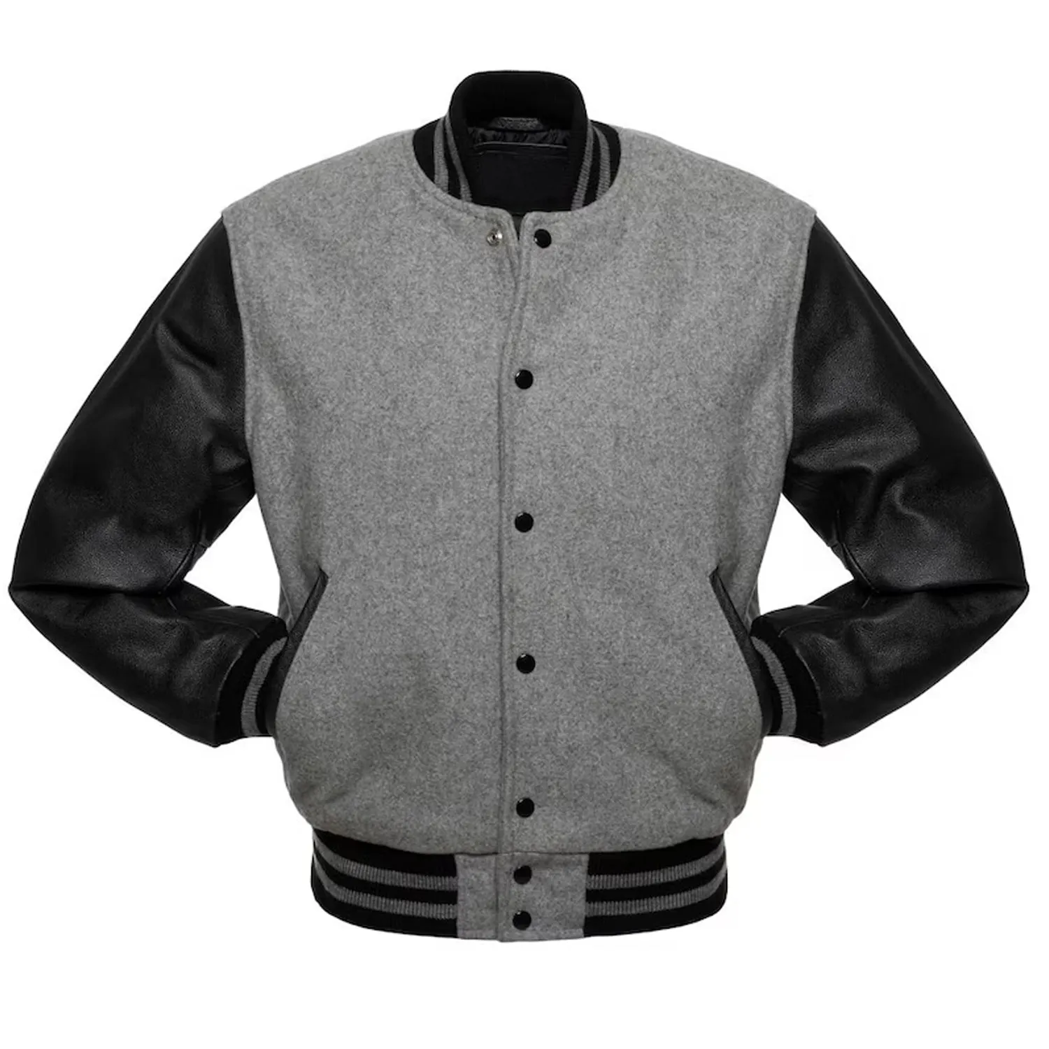 Warrior Gears Classic Hybrid Varsity Jacket for Kids, Toddler Letterman Bomber Jacket for Boys, Unisex Varsity Jacket Girls, Light Grey Pure Wool Body & Black Cowhide Leather Sleeves