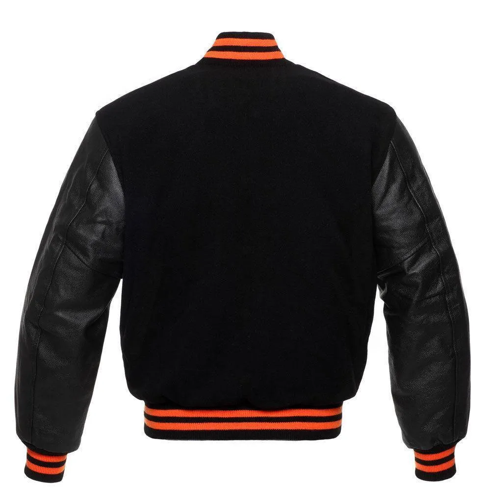 Warrior Gears Classic Hybrid Varsity Jacket University Letterman Bomber Jacket, Pure Wool & Original Cowhide Leather Jacket, All Black and Orange Ribbon