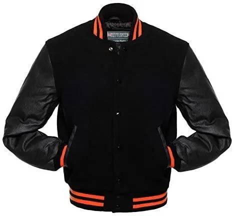 Warrior Gears Classic Hybrid Varsity Jacket University Letterman Bomber Jacket, Pure Wool & Original Cowhide Leather Jacket, All Black and Orange Ribbon