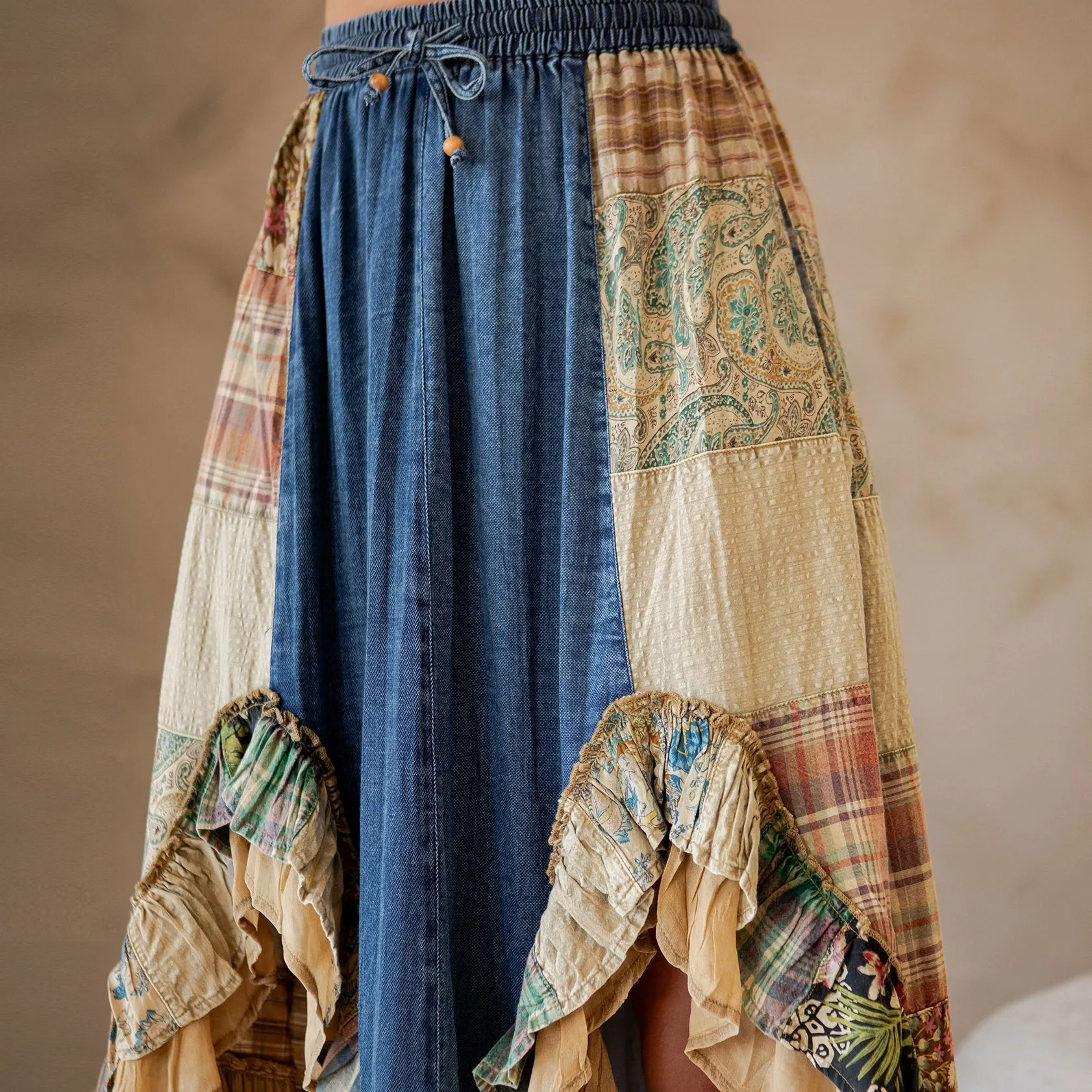 Western Boho Chic Patchwork Midi Skirt