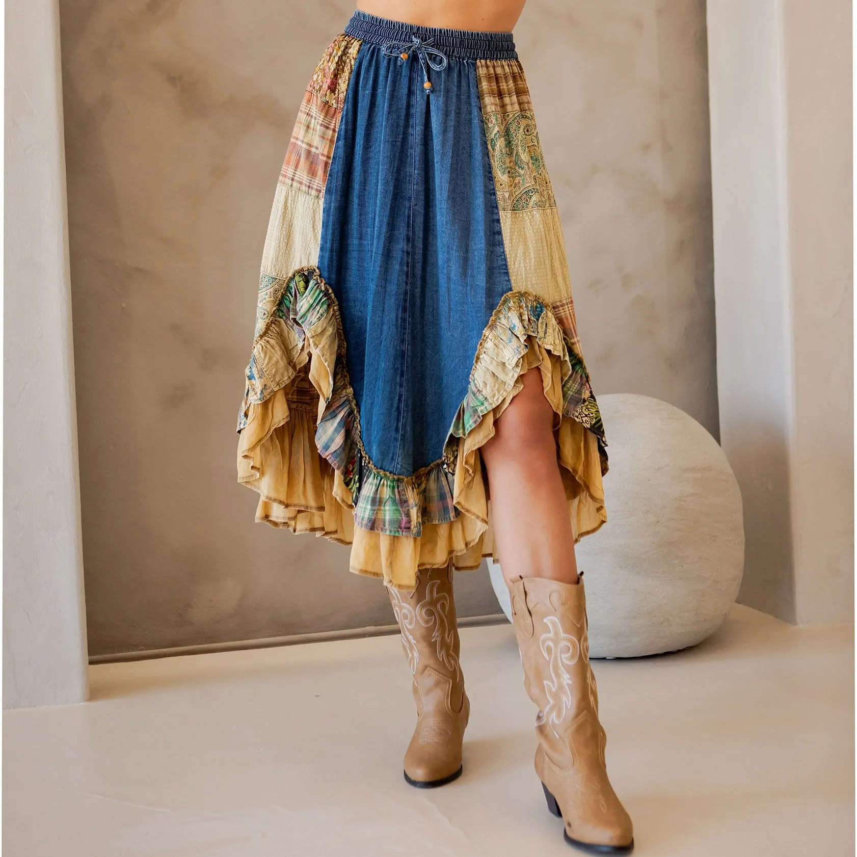 Western Boho Chic Patchwork Midi Skirt