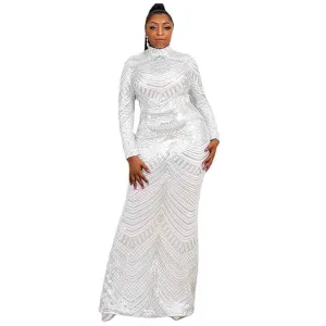 Women Plus Size Long Sleeve White Sequin Gown Female Maxi Elegant Dress