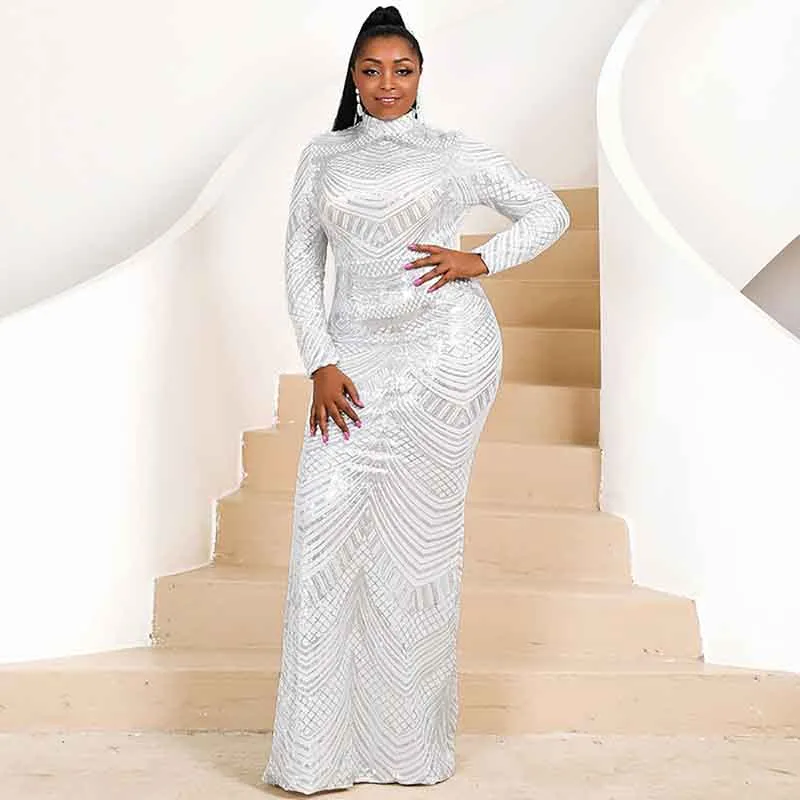 Women Plus Size Long Sleeve White Sequin Gown Female Maxi Elegant Dress