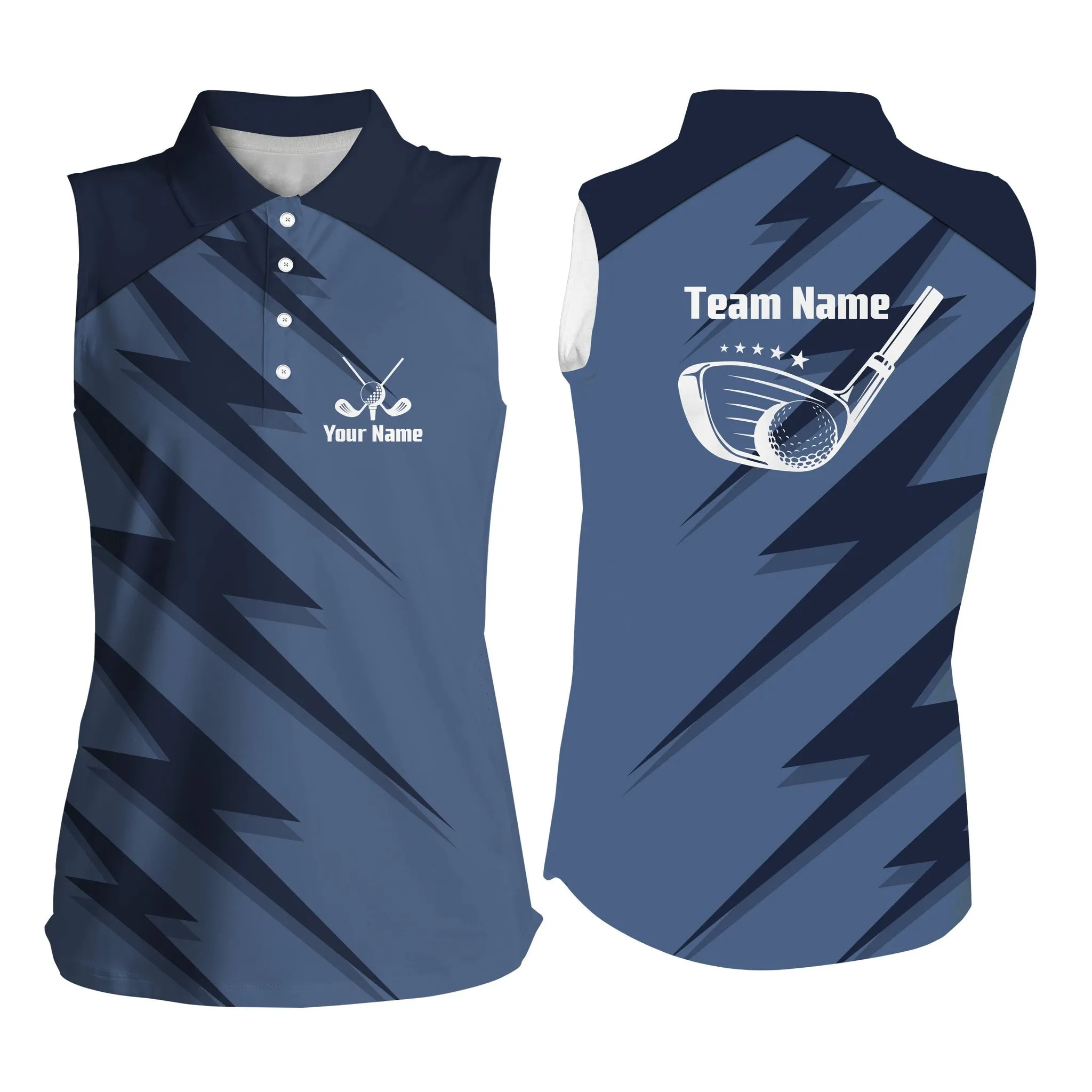 Womens Sleeveless Polo Shirts Blue Lightning Custom Name And Team Name Golf Shirt, Golfing Gifts