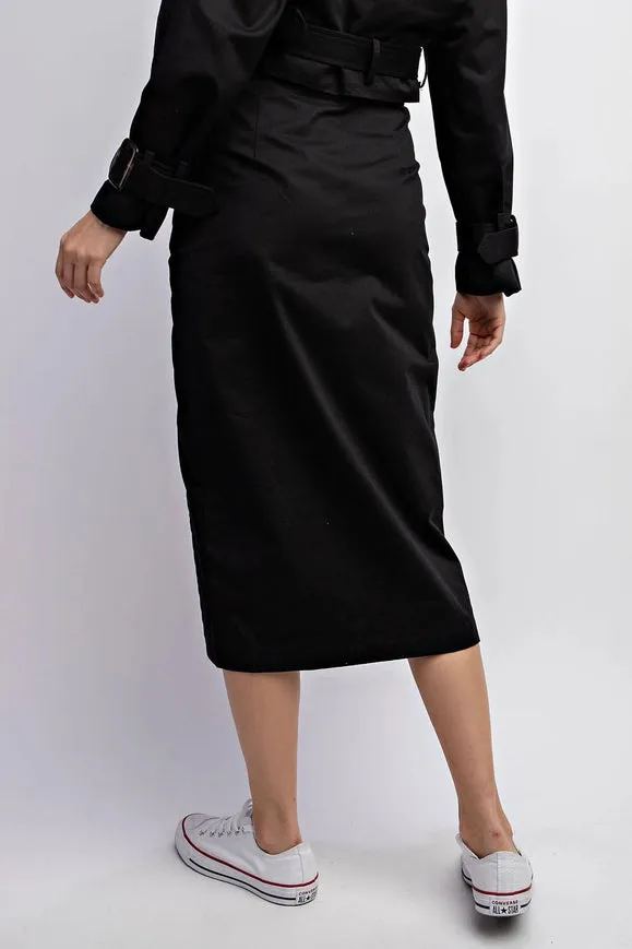 Woven Midi Skirt with Button Detail Black