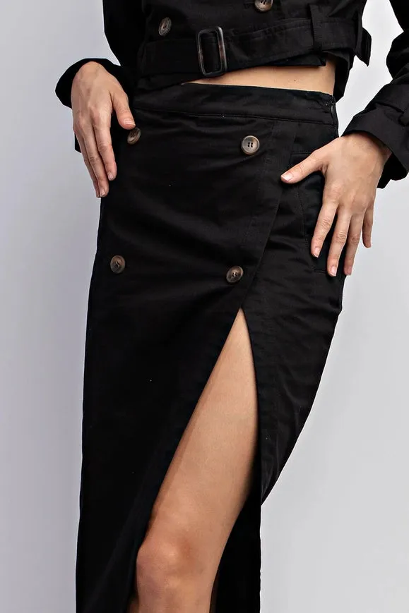 Woven Midi Skirt with Button Detail Black